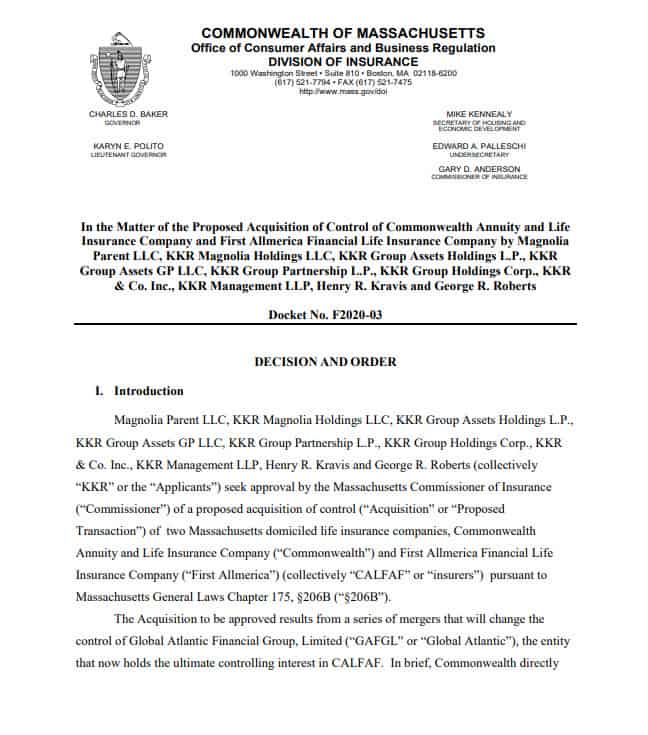 Commonwealth Annuity And Life Insurance Company DOI Approves Acquisition of Commonwealth Annuity & Life and First