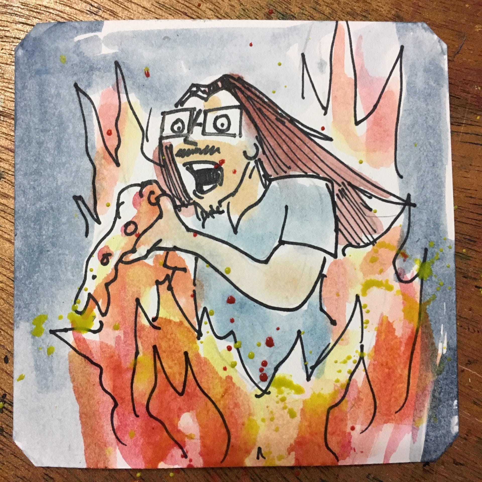 John Romero eating pizza as his house burns down in the Sims @Macaw45