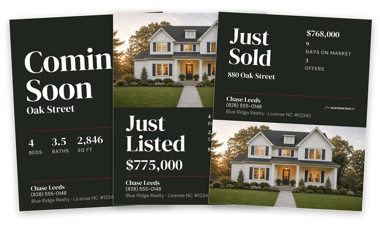 Three Listing Social Kit feed posts fanned left to right: Coming Soon with the beds, baths and square feet, Just Listed with the house photo and price, and Just Sold with the sale price, days on market and offers.