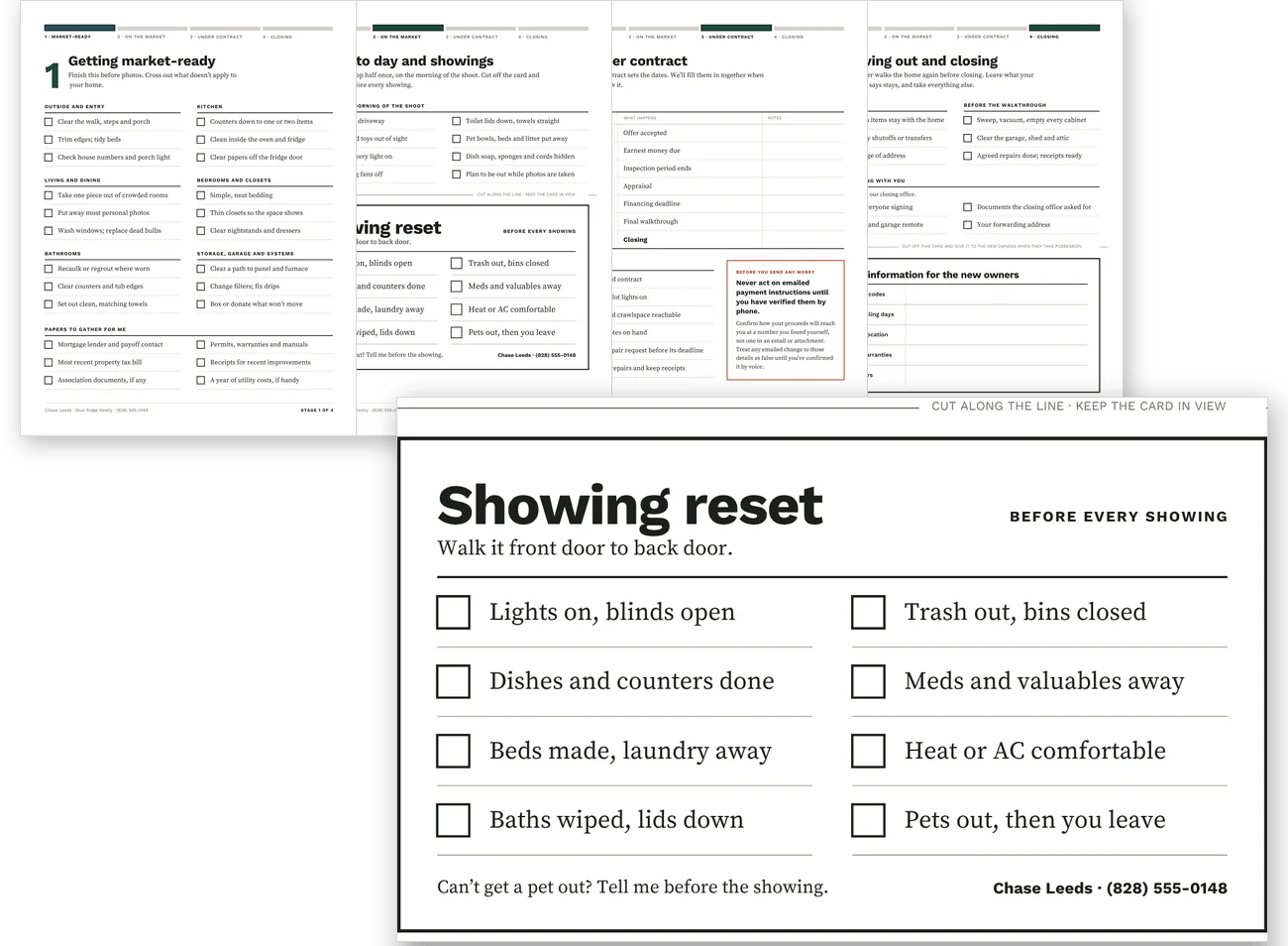 The four Seller Checklists stage pages fanned left to right, from Getting market-ready through Moving out and closing, with the Showing reset card lifted out in front of them: eight checkboxes from lights on and blinds open to pets out, and the agent's name and phone along the bottom.