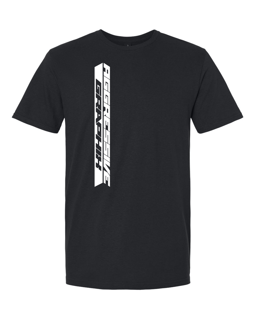 Aggressive Graphix white vertical logo on a black t-shirt