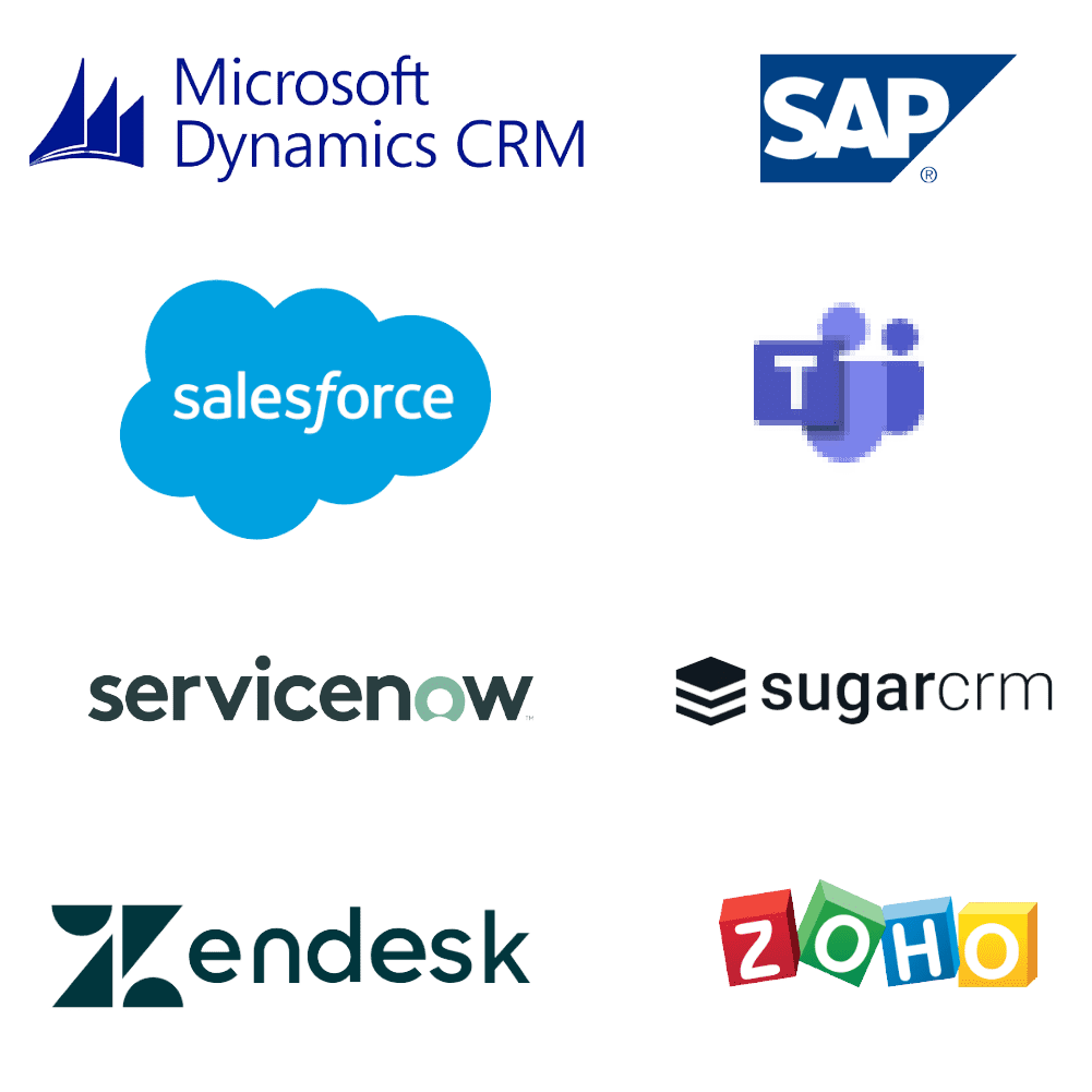 Logo Microsoft Dynamics CRM, SAP, Salesforce, Teams, servicenow, sugarcrm, Zendesk, Zoho