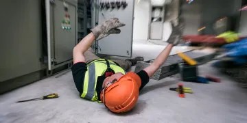 Homme avec gilet jaune et casque orange à terre suite à un accident du travail électrique