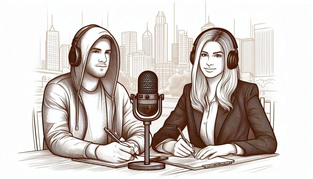 Two people with a microphone running a podcast.
