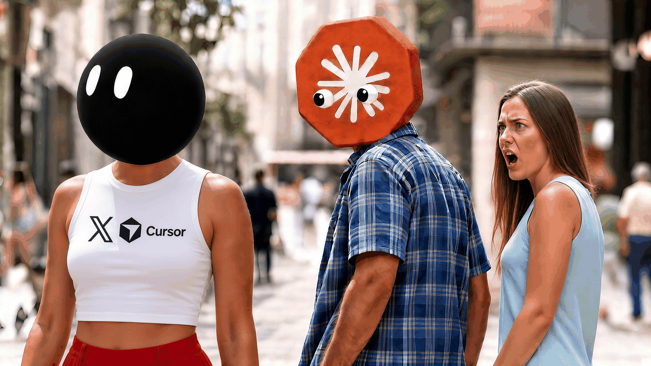 Animated meme: a girlfriend yanks her orange-headed boyfriend away from the Grok Bot girl in an X and Cursor crop top.