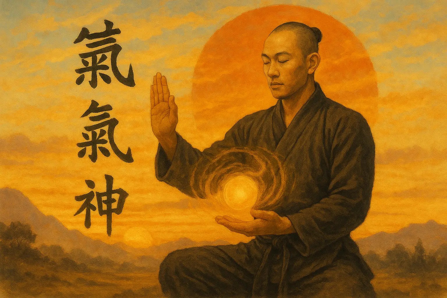 A meditative East Asian martial artist in traditional black robes sits in a cross-legged posture at sunset, generating a glowing energy orb between his hands. The background features a soft orange sky and mountains, with vertical Chinese calligraphy for Jing (精), Qi (氣), and Shen (神) on the left side.