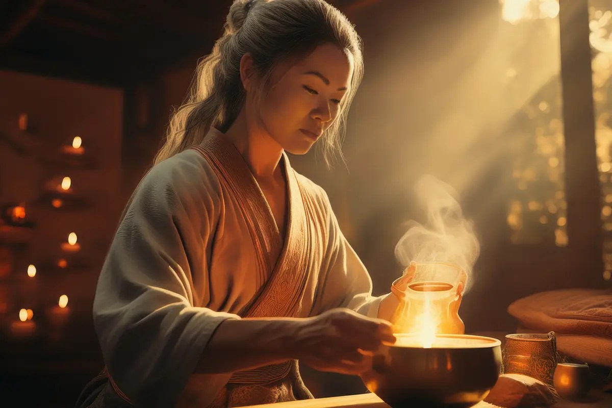 A focused woman in traditional robes performs a morning ritual in soft candlelight, pouring a glowing liquid into a bowl as golden sunlight streams through a window behind her.