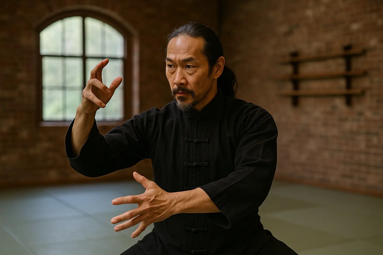 A martial artist in a black traditional uniform practicing an internal martial arts form with intense focus in a dojo with wooden weapon racks and brick walls.