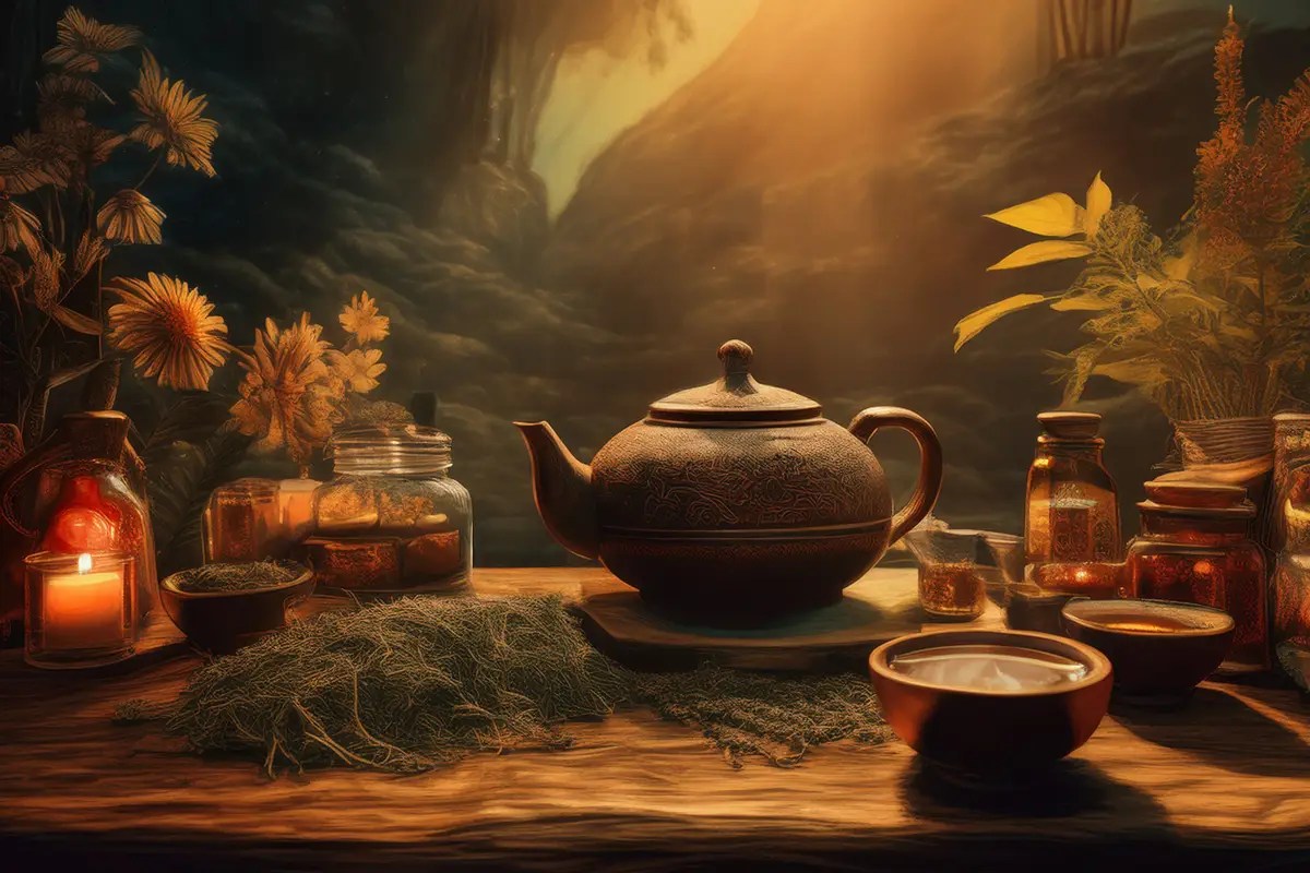 A rustic wooden table filled with herbal tea ingredients, glass jars, a clay teapot, dried herbs, candles, and wildflowers under soft golden light in a tranquil forest setting.