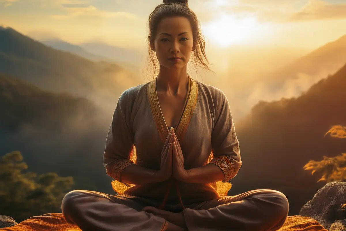 A serene woman sits cross-legged on a mountain ledge at sunrise, hands in prayer mudra, dressed in traditional meditative robes with golden light illuminating her from behind.