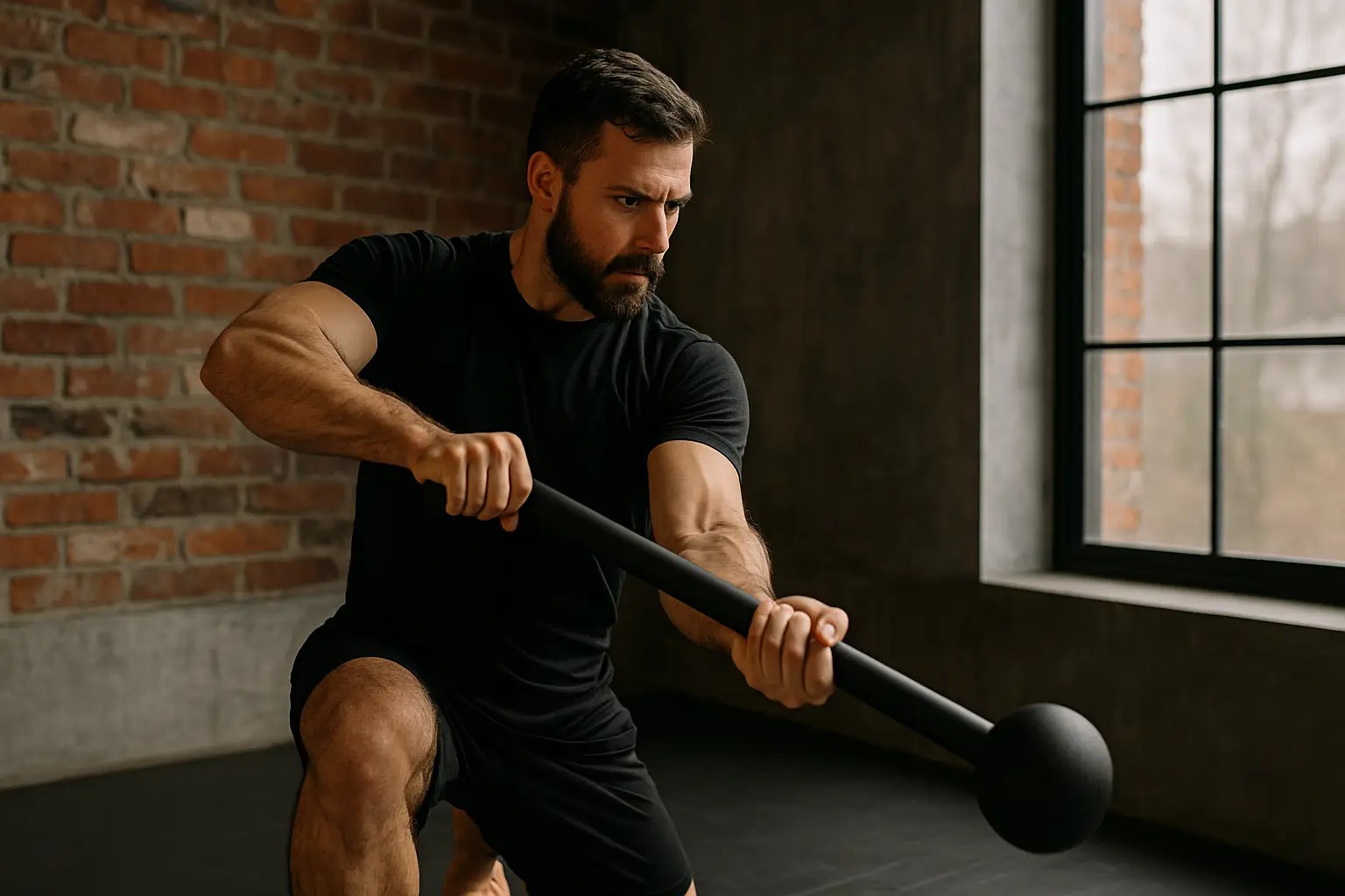 A muscular man in black workout clothes lunges forward while holding a steel mace with both hands, training in a brick-walled gym with natural light.