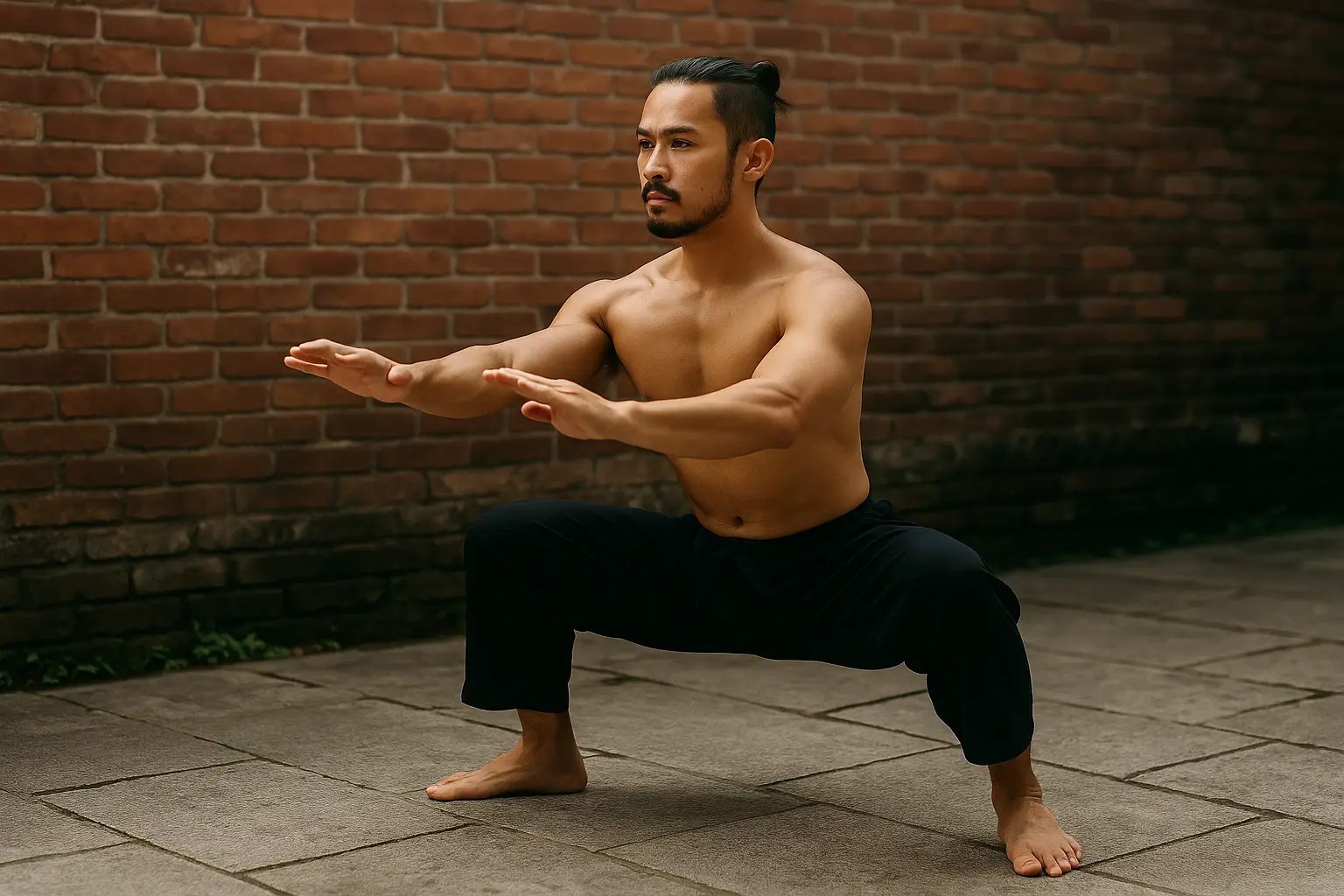 A shirtless man in black pants performs a deep horse stance with arms extended forward, practicing martial arts outdoors against a red brick wall.