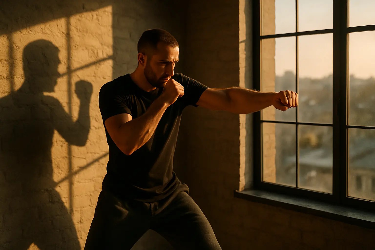 A man in a black shirt practices a boxing stance indoors, lit by golden sunrise light casting a dramatic shadow on the wall beside him.