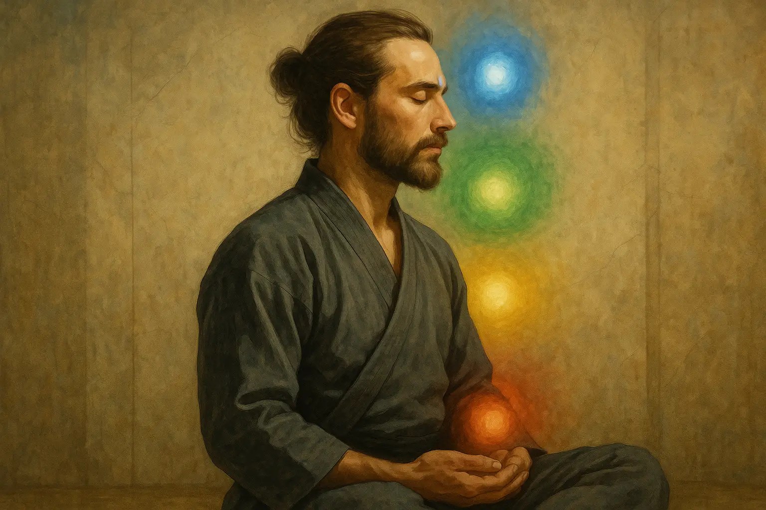 Man meditating in traditional robe with glowing chakras aligned vertically along his body.