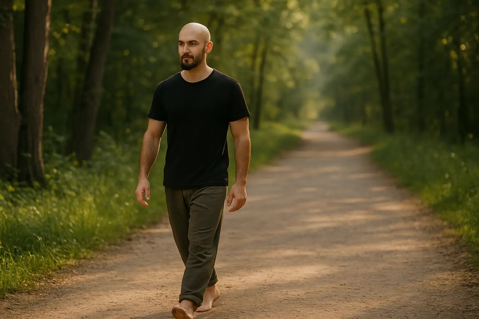 Man walking barefoot along a forest path, wearing a black shirt and green pants, surrounded by trees.