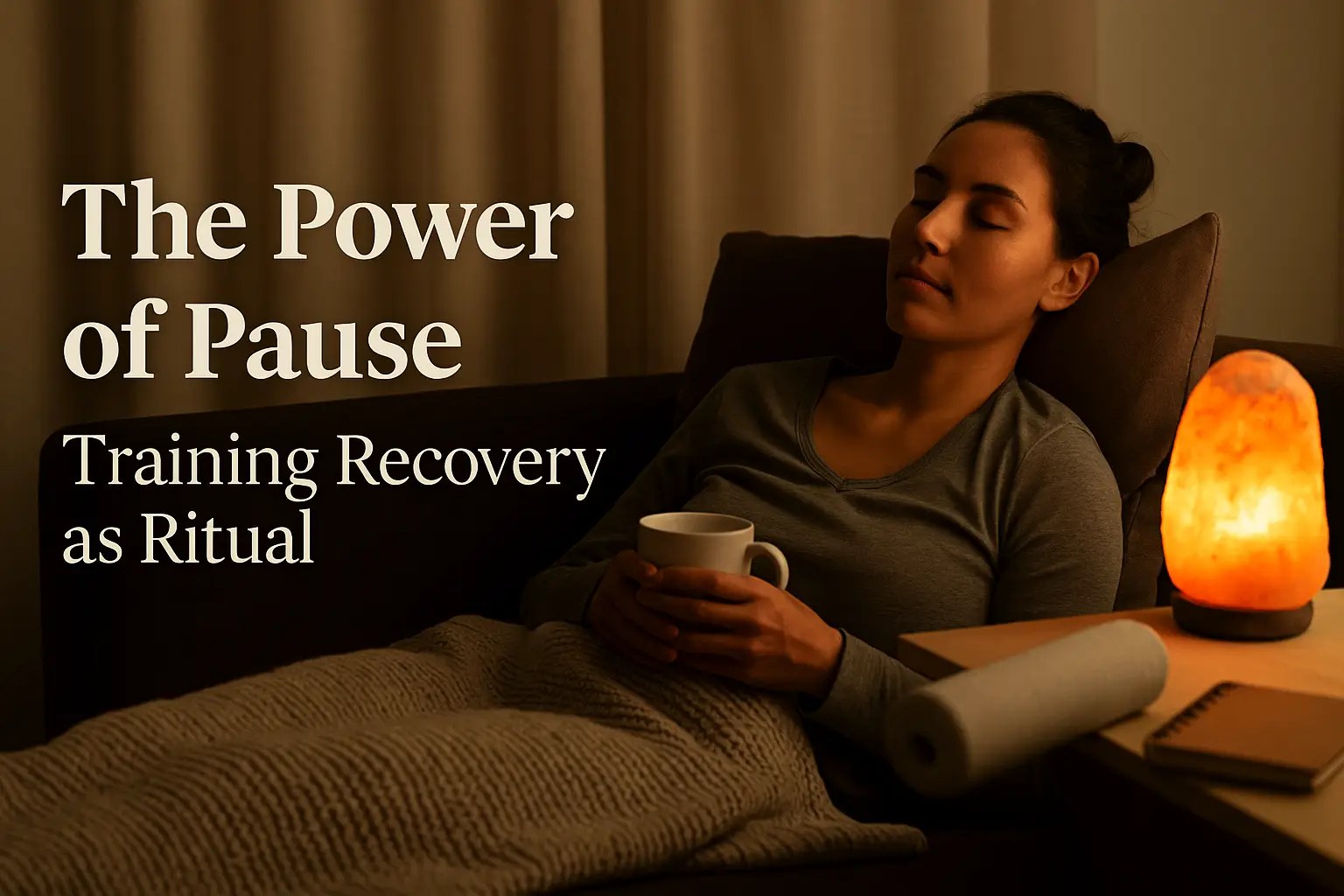 Woman resting peacefully on a couch with eyes closed, holding a mug, beside a glowing Himalayan salt lamp.