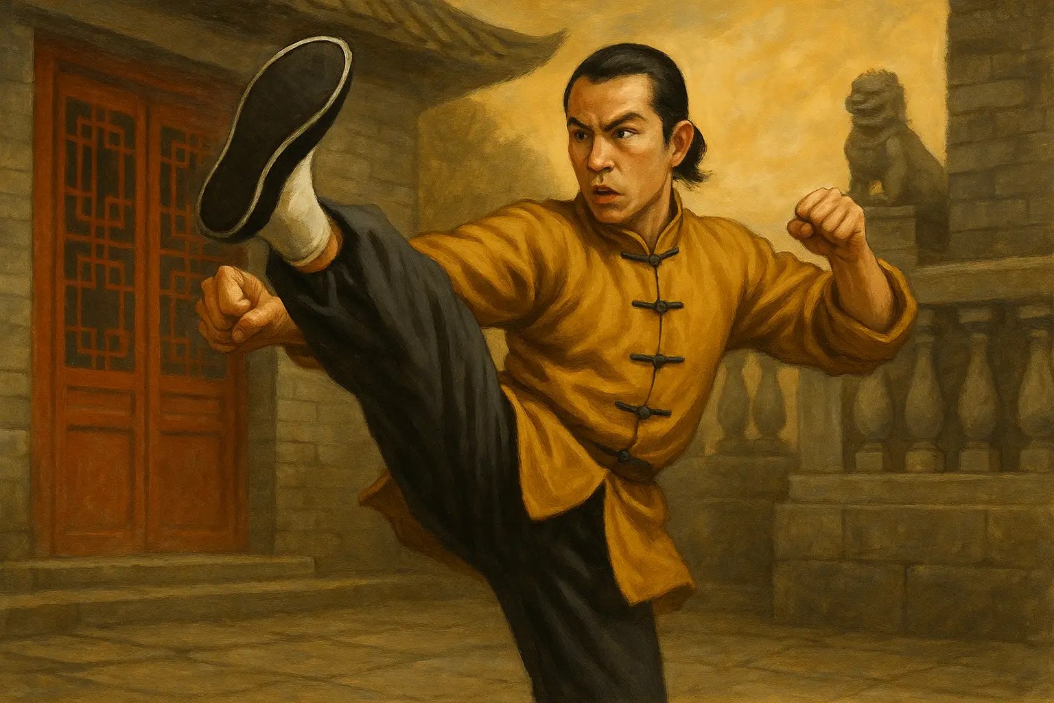 Martial artist in yellow traditional uniform executing a high kick, symbolizing Mok Gar Kung Fu’s long-range kicking techniques.