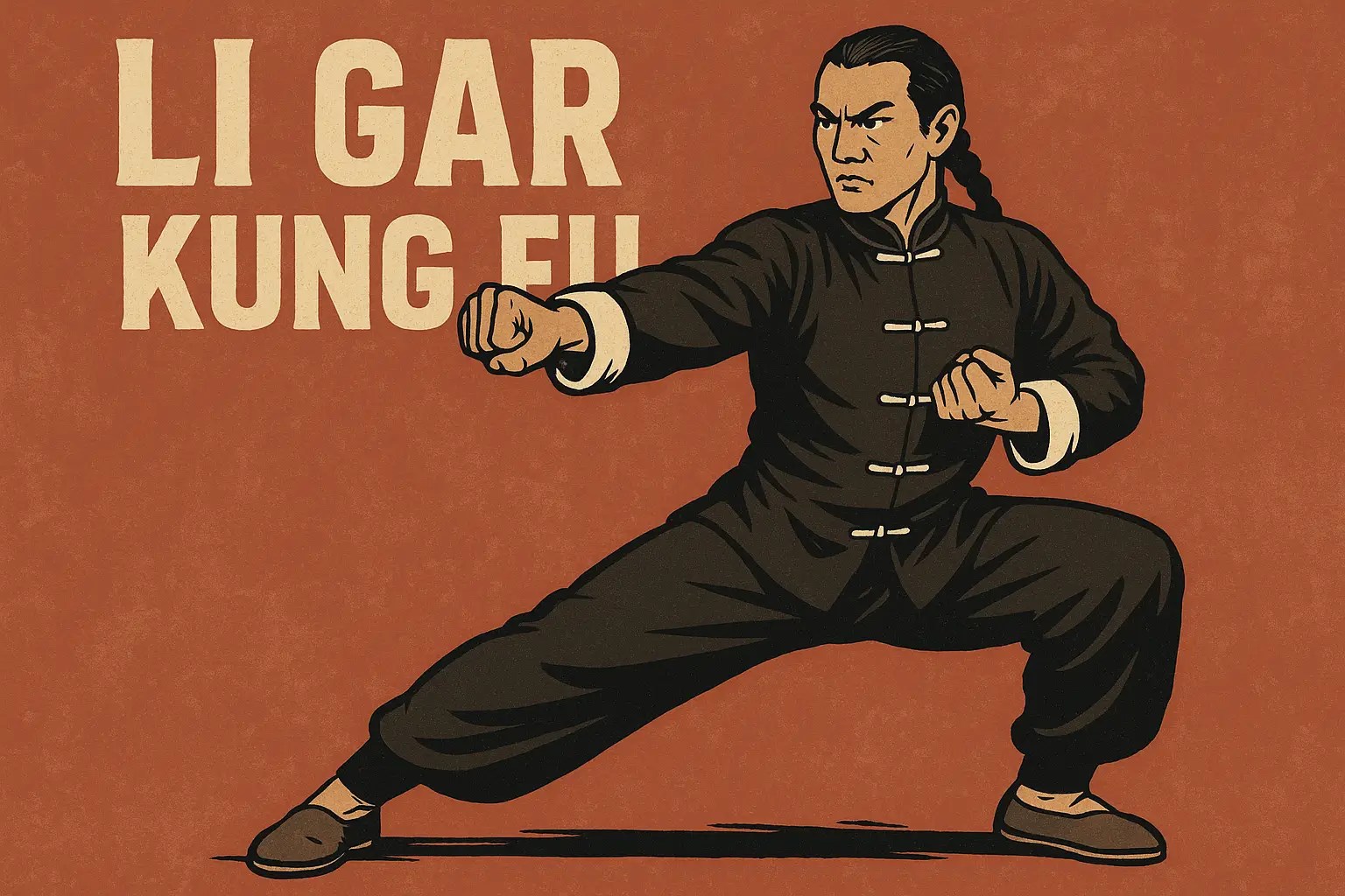 Martial artist in black traditional uniform demonstrating a forward punch in a low stance, representing Li Gar Kung Fu’s short-range power.