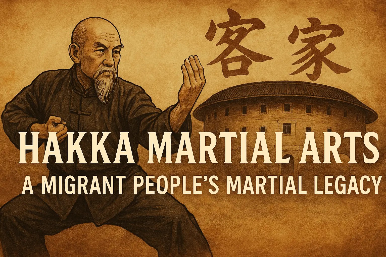 Elder martial artist in traditional uniform demonstrating a stance, with Hakka tulou roundhouse and Chinese characters for “Hakka” in the background.