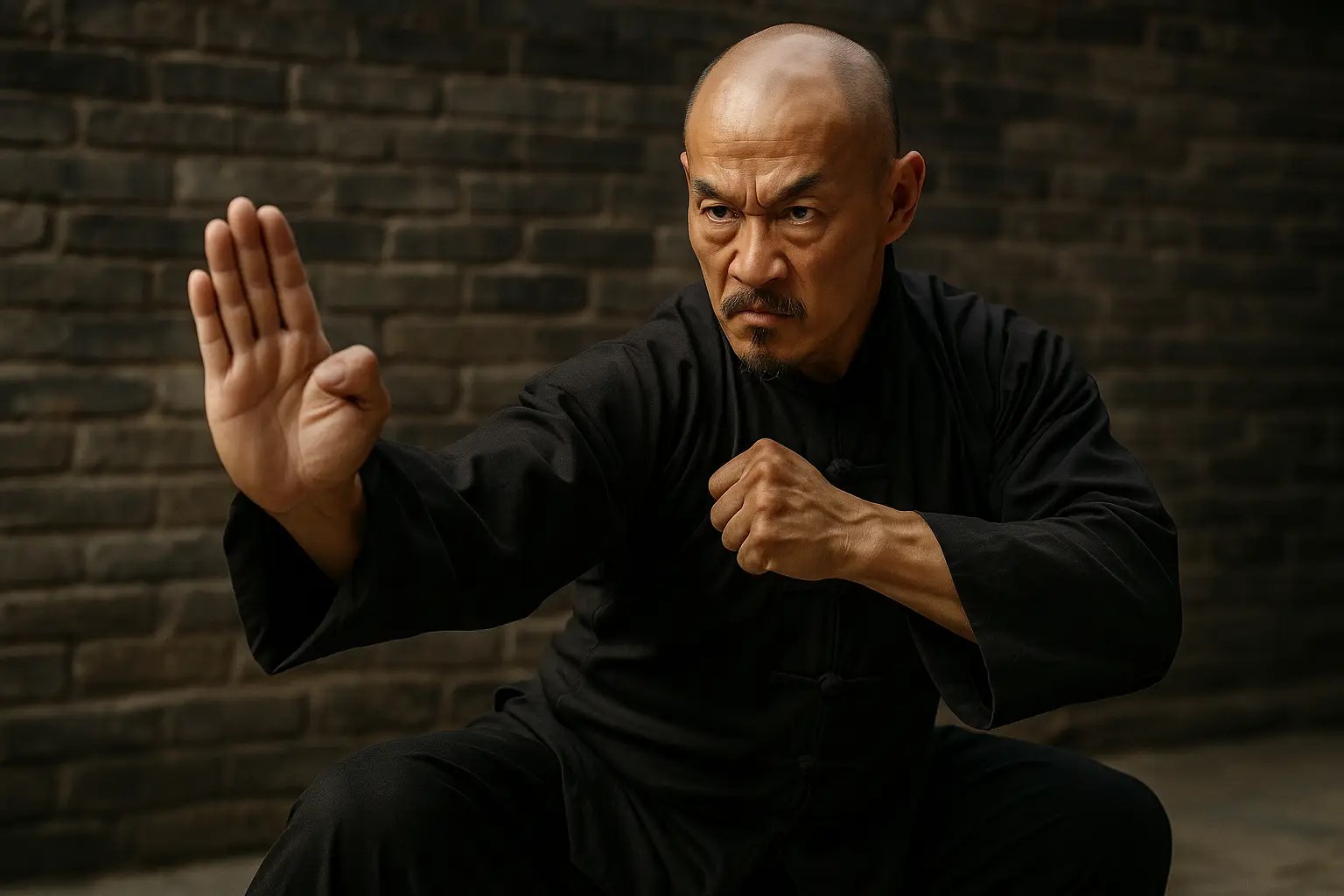 Martial artist in black uniform demonstrating a close-range Hakka Kung Fu stance, with one palm extended and the other hand chambered in fist.