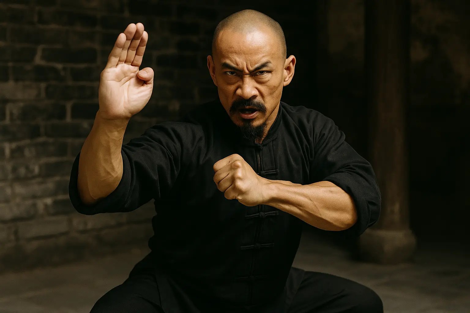 Martial artist in black traditional uniform demonstrating a powerful close-range stance, symbolizing Hakka influence on Southern Chinese martial arts.