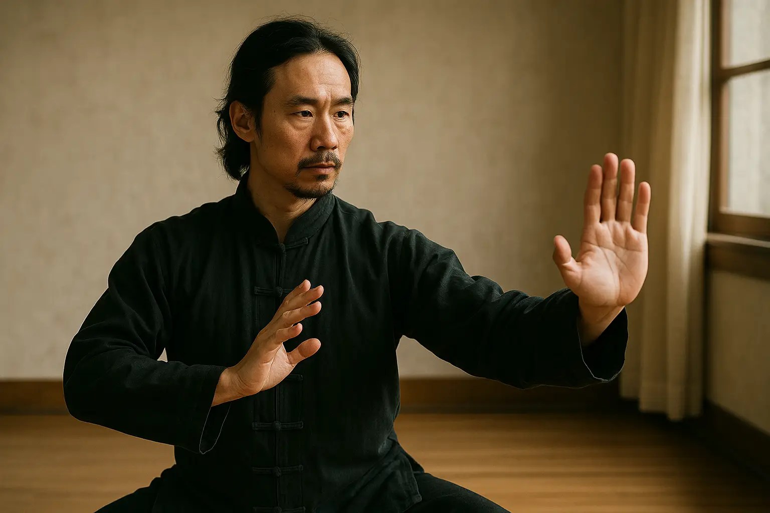 Martial artist in black uniform practicing an internal Kung Fu posture, one palm extended forward with relaxed focus, symbolizing effortless power.