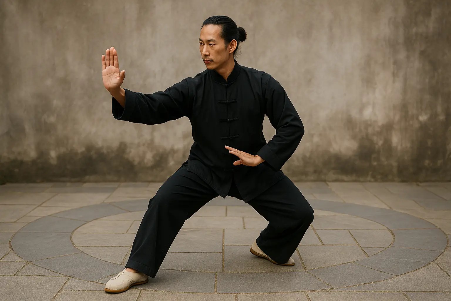 Martial artist in black uniform practicing Bagua Zhang circle walking stance, one palm extended and one hand guarding near the waist.