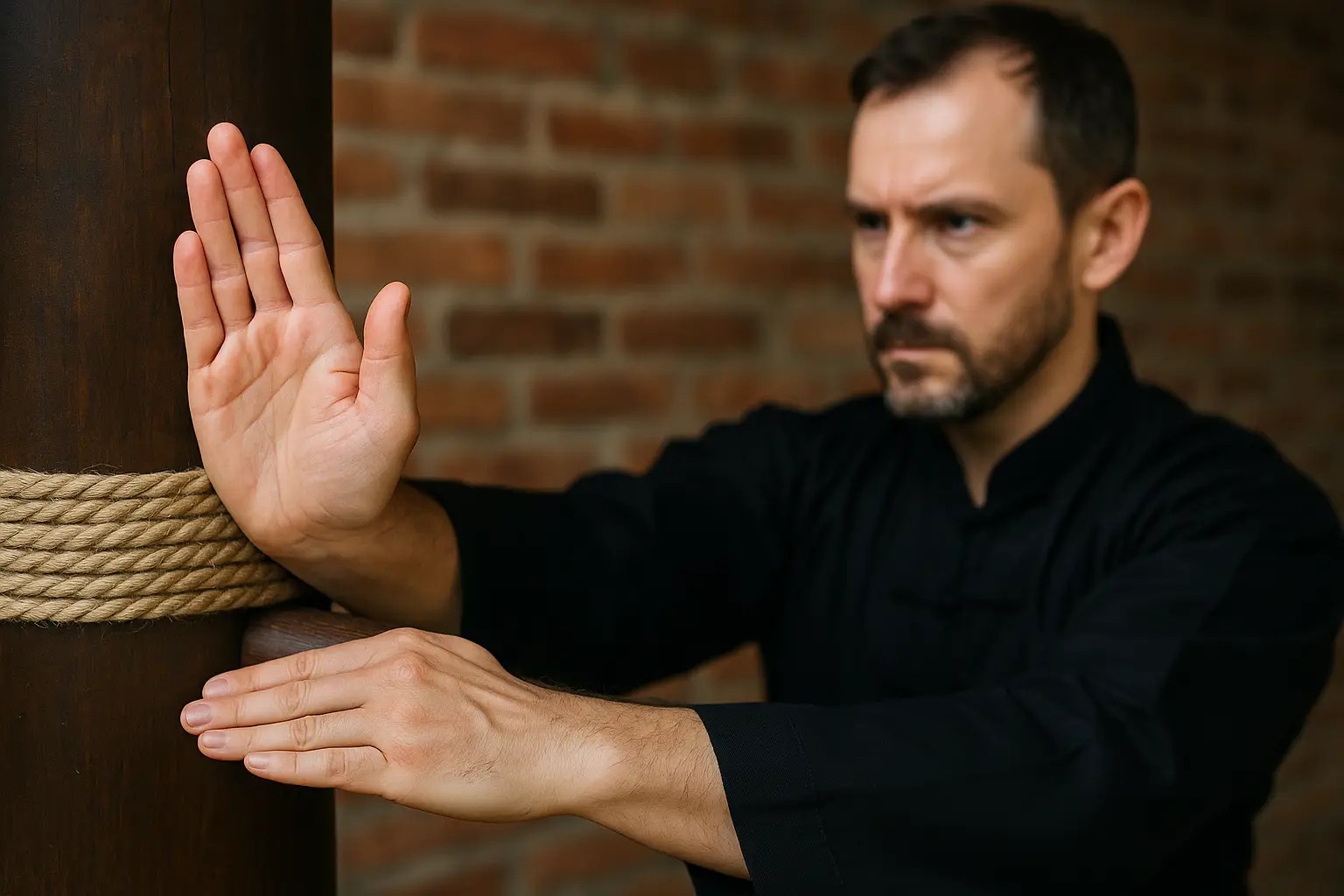 Martial artist practicing Iron Palm strikes on a padded wooden post, focusing on conditioning and structural alignment.