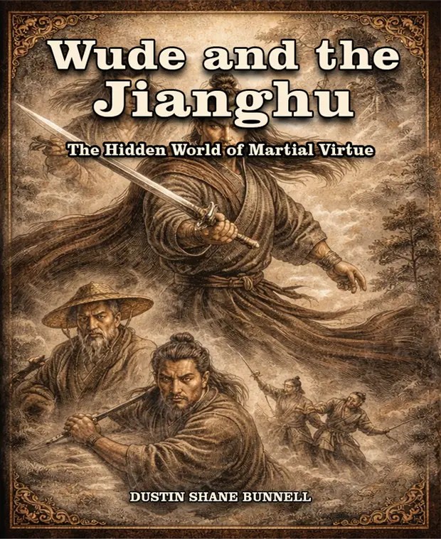 Book cover for Wude and the Jianghu by Dustin Shane Bunnell, depicting wandering Chinese martial artists and swordsmen in a historical landscape.