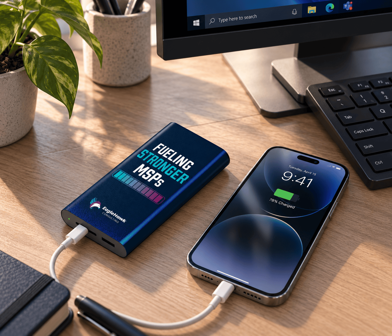 EagleHawk Consulting phone plugged into a branded power bank