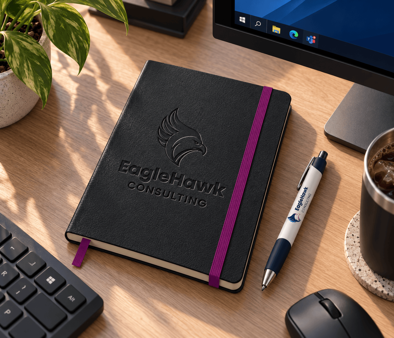 EagleHawk Consulting branded leather notebook with embossed logo