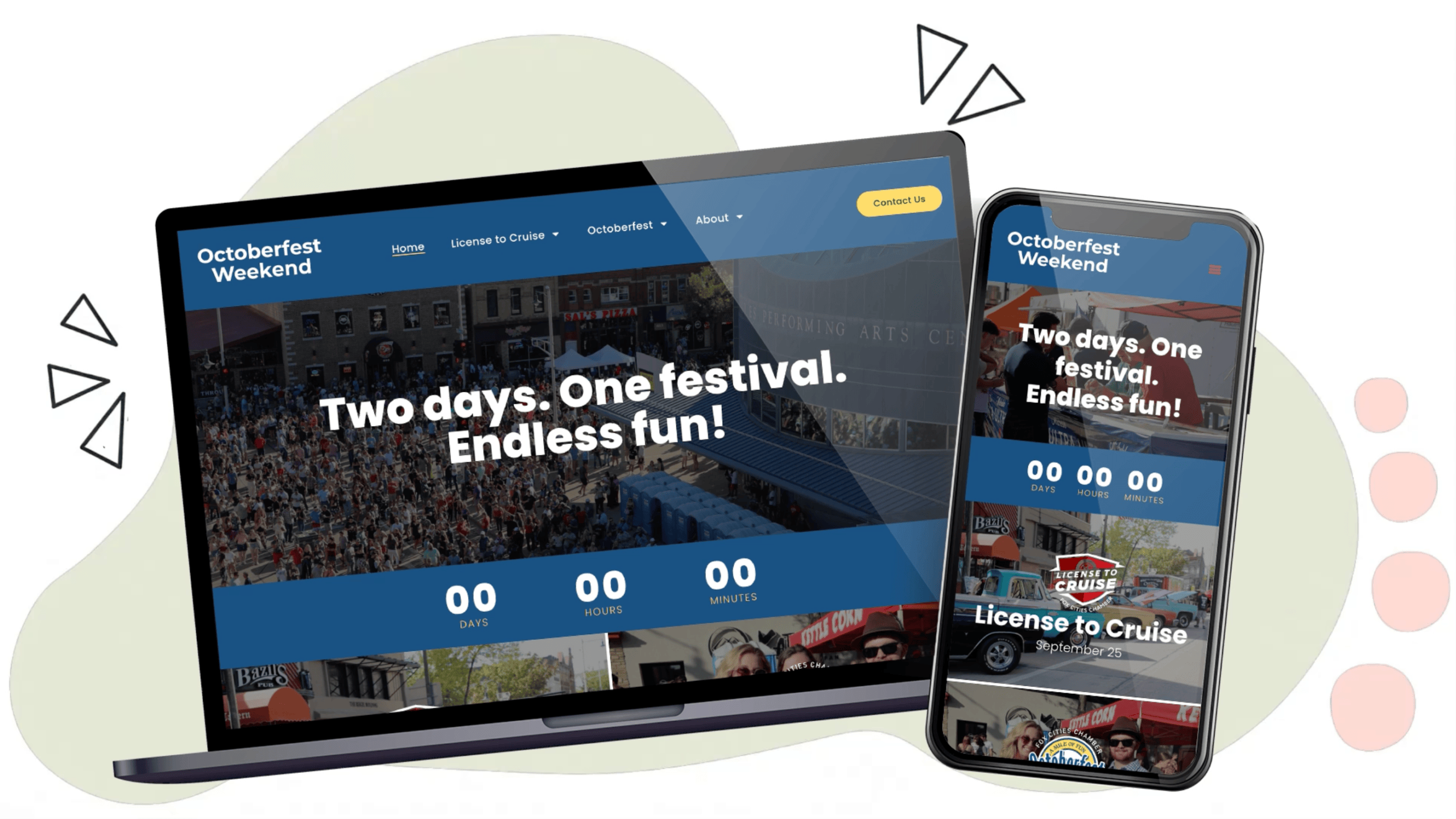 Octoberfest website redesign shown in desktop and mobile device mockups with doodles