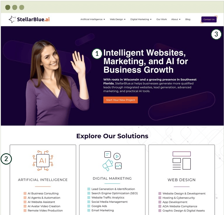 StellarBlue annotated homepage after the website redesign