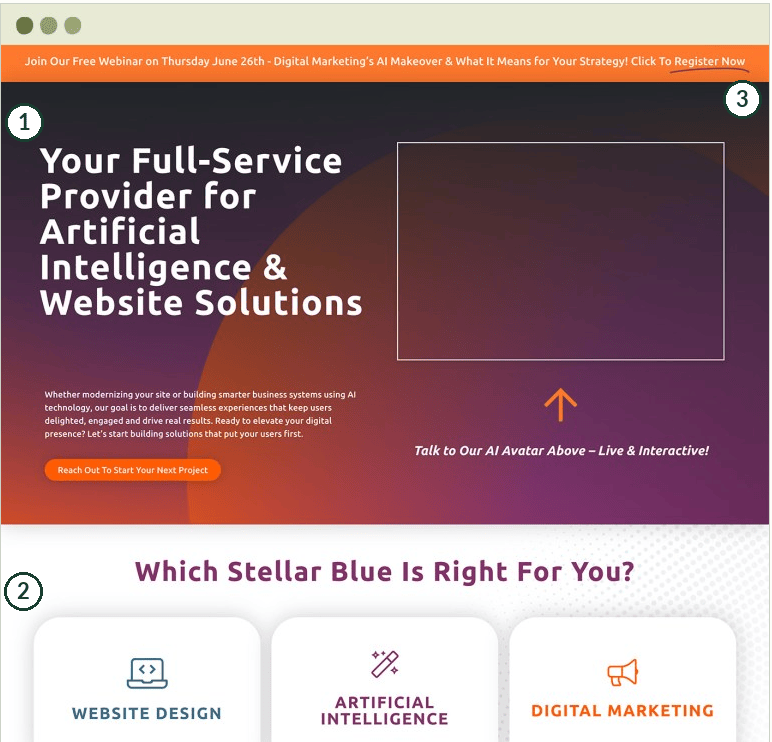 StellarBlue annotated homepage before the website redesign