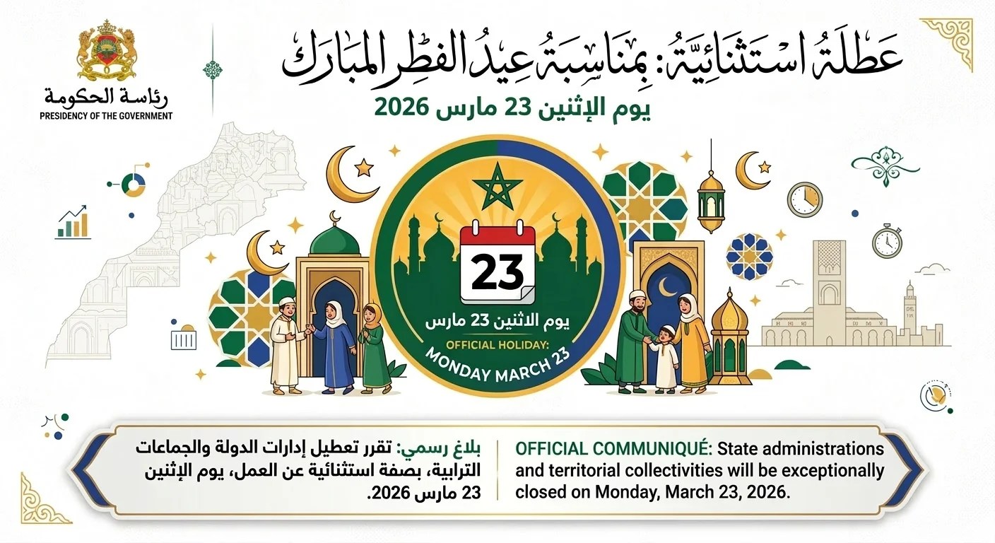 رئاسة الحكومة تعلن عن عطلة استثنائية يوم الإثنين 23 مارس بمناسبة عيد الفطر