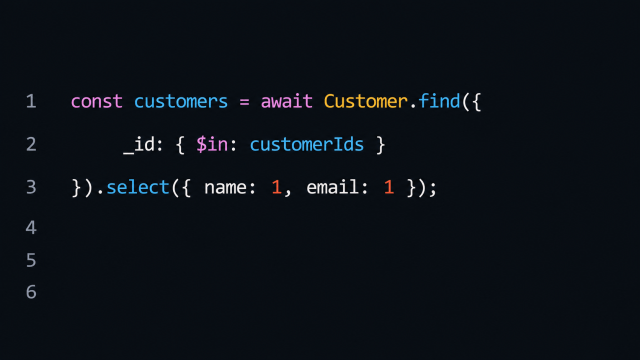 Node.js MongoDB query using $in operator and select() to fetch customer names and emails