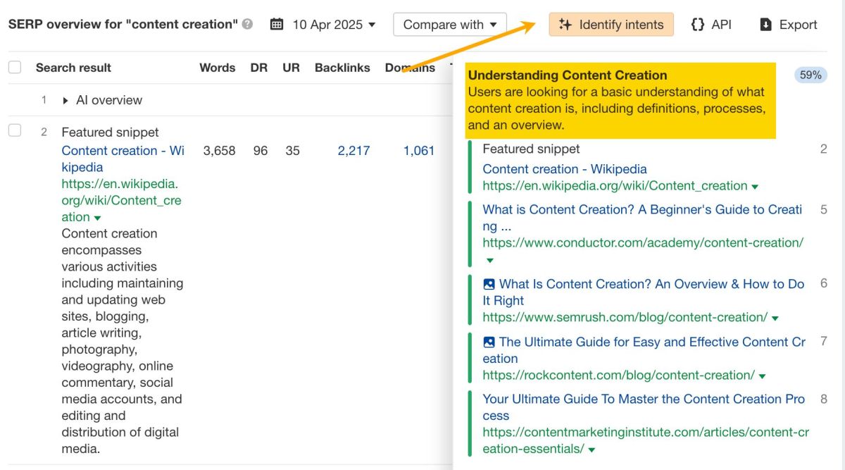 Identify intents feature in Keywords Explorer