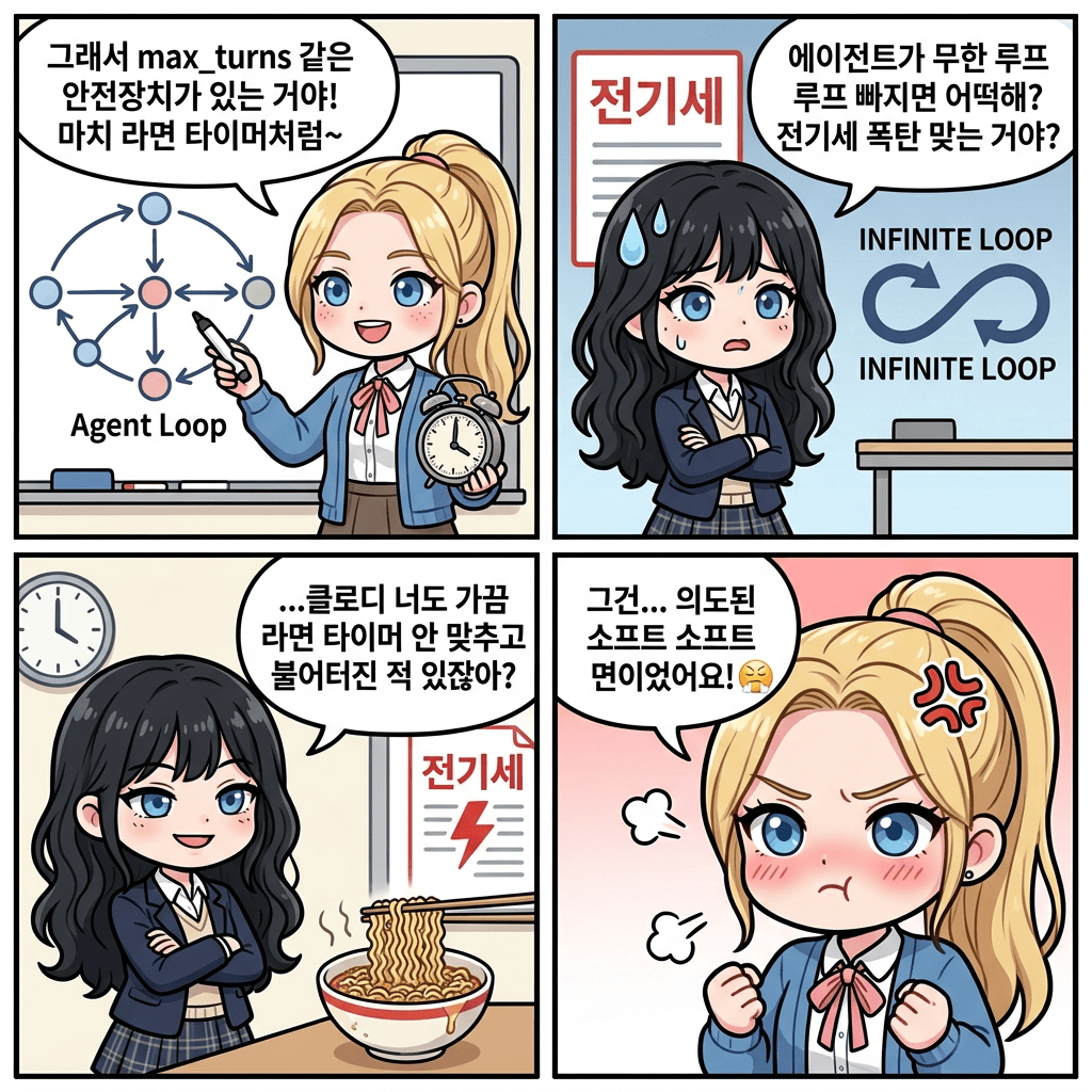 클로디와 시월이의 에이전트 루프 4컷 만화 — 무한 루프와 라면 타이머