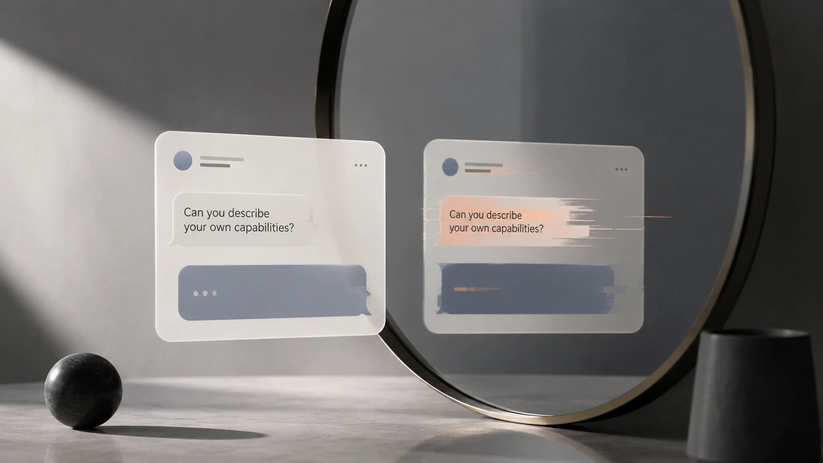 Interface de conversa com IA diante de um espelho, cujo reflexo aparece distorcido, simbolizando os limites do autoconhecimento das máquinas.
