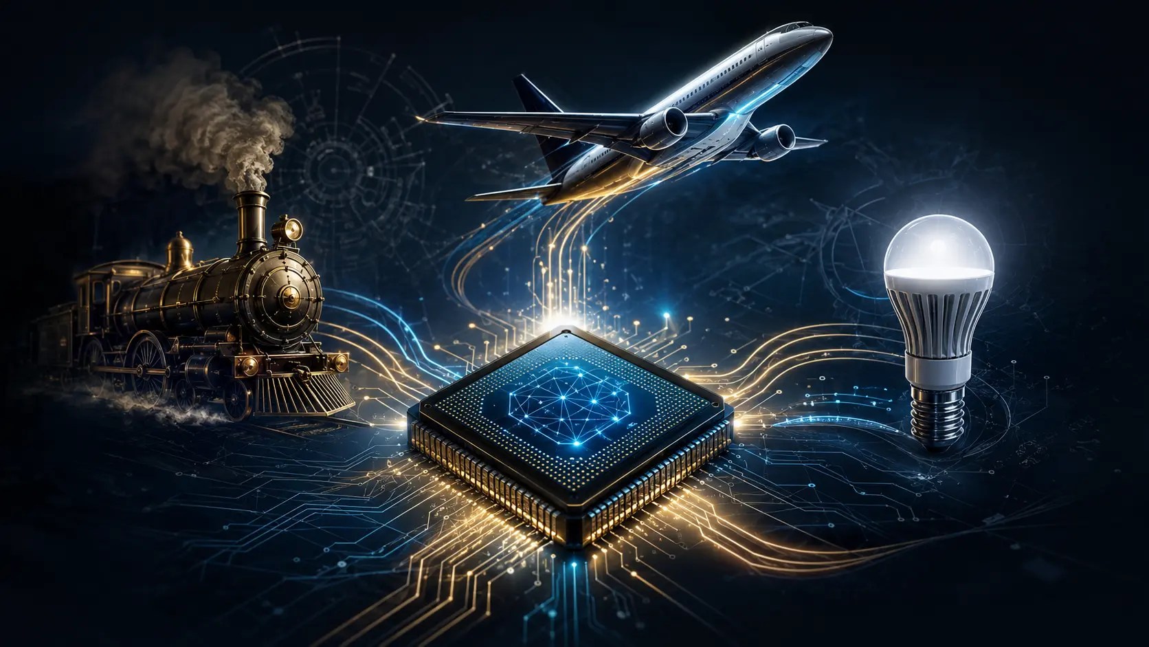 AI chip connected to a steam engine, modern aircraft, and LED bulb, illustrating how technological progress moves from brute force to efficiency.