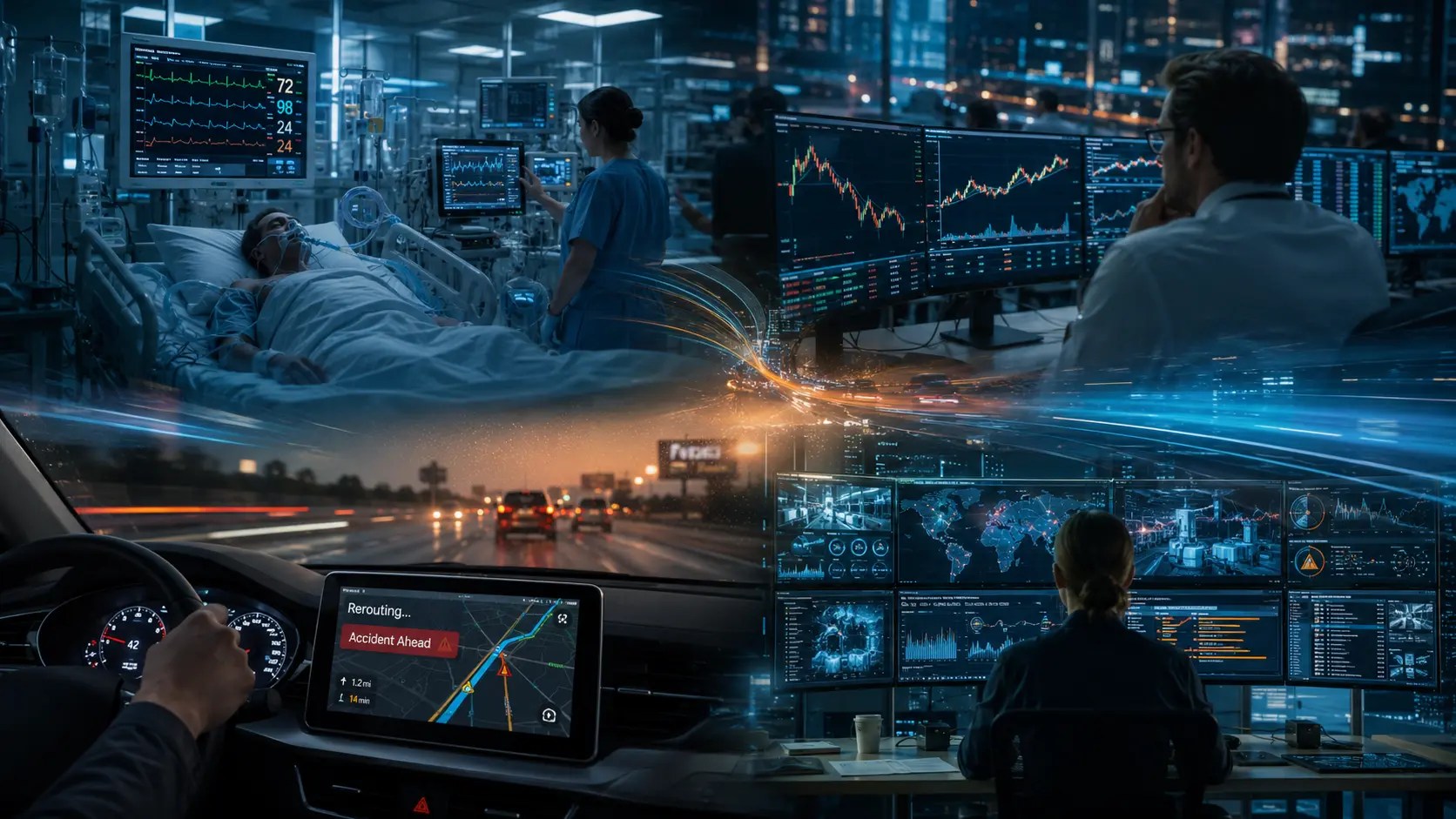 Cinematic montage of an ICU patient under continuous monitoring, a financial trader tracking changing markets, a driver being rerouted after a road accident, and an AI operations center adapting to evolving conditions.