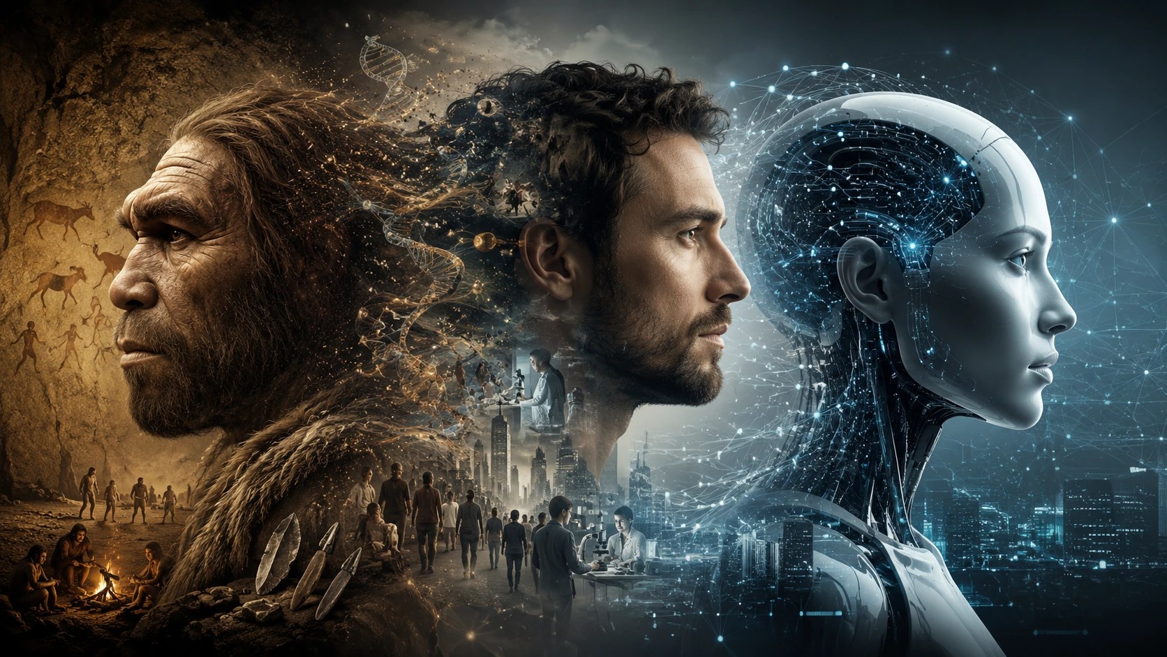 Neandertal, Homo sapiens e humanoide com inteligência artificial representando a transição da inteligência biológica para a inteligência artificial.