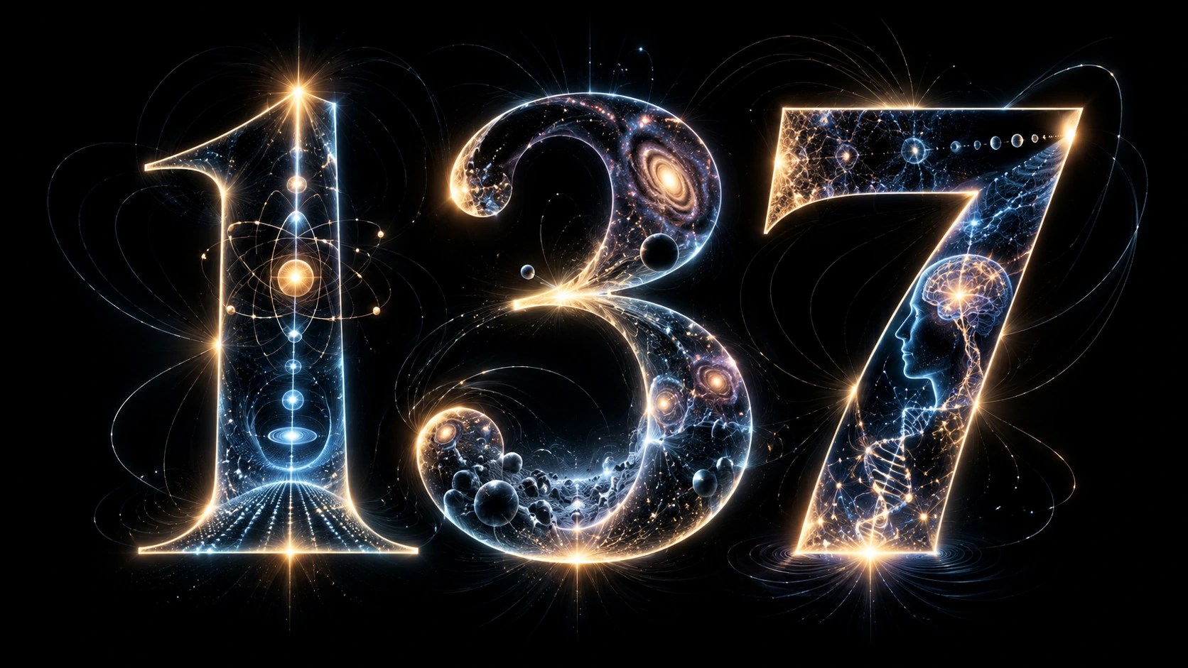 The number 137 illustrated with atomic, quantum, cosmological, and artificial intelligence motifs on a black background.