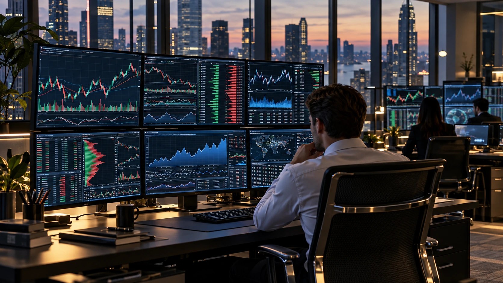 Trading desk with multiple screens displaying market charts, order flow, and financial data in a modern brokerage office.