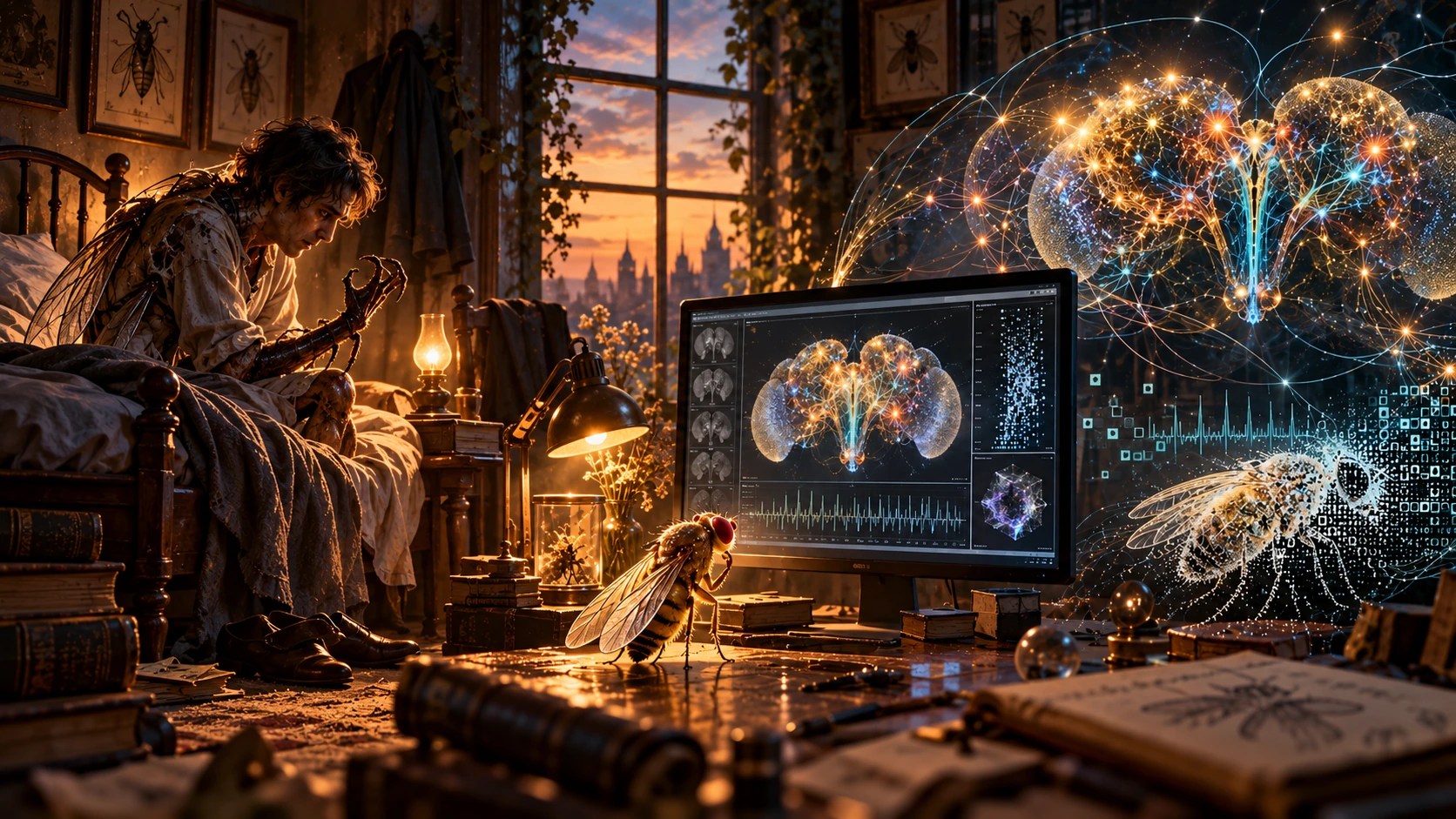 Gregor Samsa transforming into an insect beside a fruit fly studying a glowing simulation of its own brain connectome.