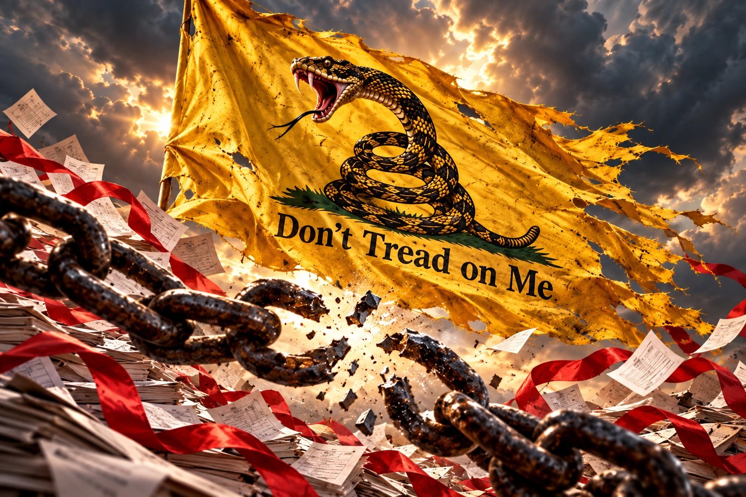 Torn yellow Gadsden flag with a rattlesnake and “Don't Tread on Me” above a breaking iron chain, scattered bureaucratic papers, and red tape.