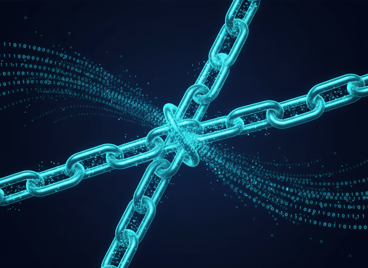 Abstract editorial illustration of glowing cyan chain links dissolving into binary code, symbolizing a hidden program built from web links