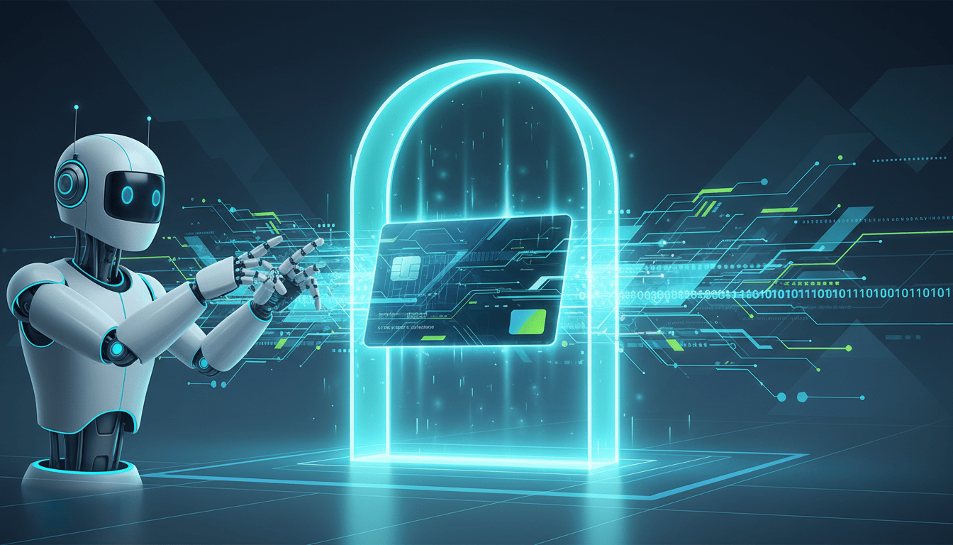Illustration of an AI agent payment passing through a glowing intent verification gate