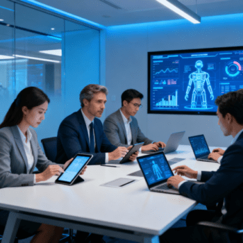 Professional business meeting analyzing AI analytics and data