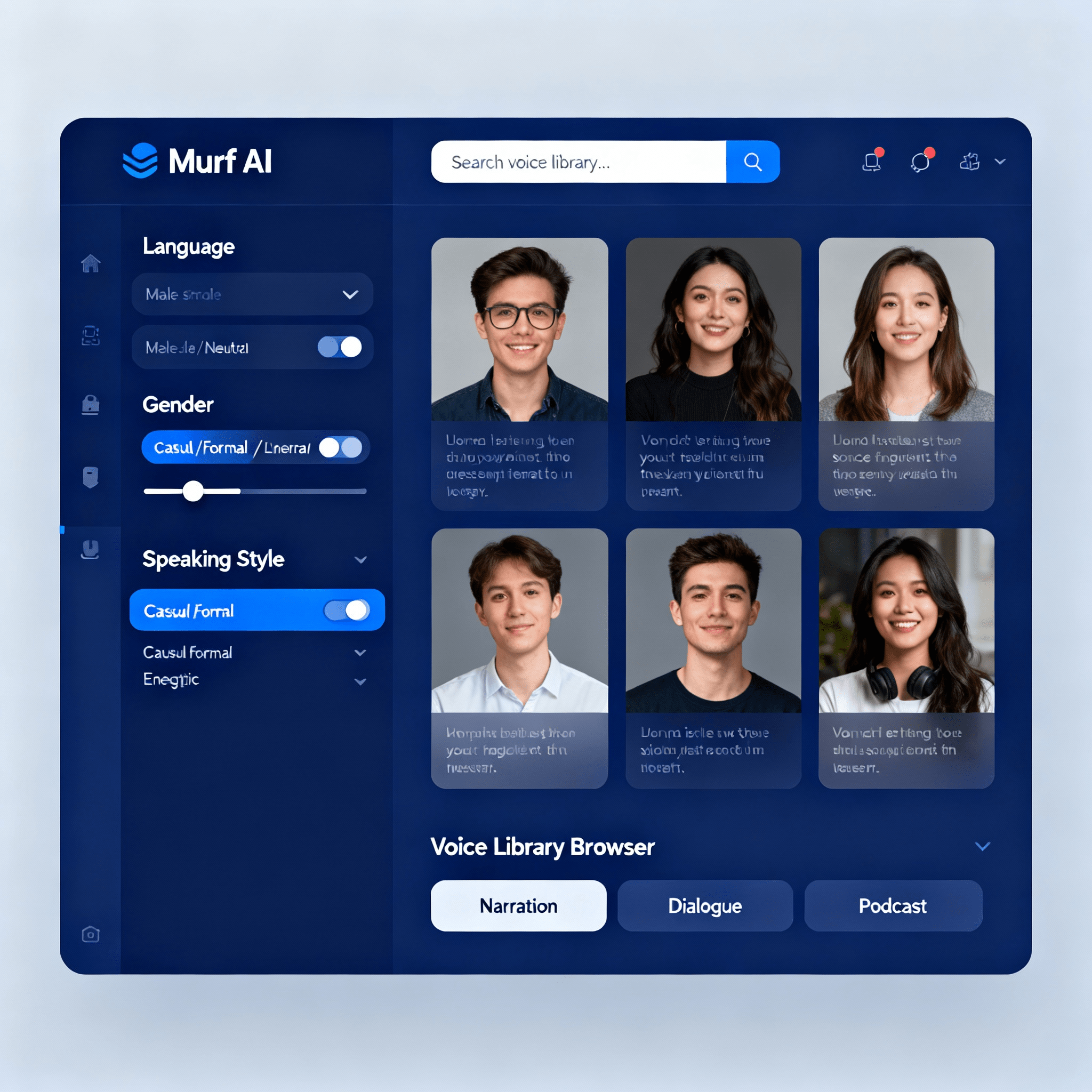 Murf AI voice generator dashboard showing voice selection interface